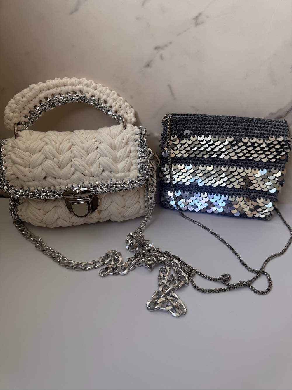 Handcrafted Cream Crochet Mini Bag with Silver Chain